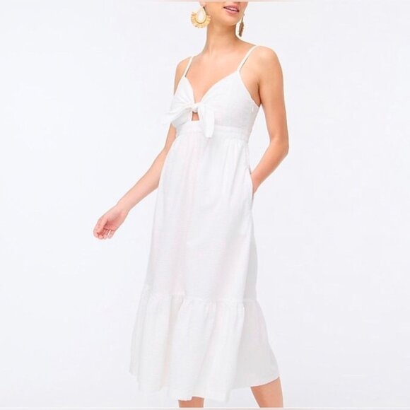 J. Crew Seersucker Tie-front Cutout Midi Dress Lighthouse White 0 #9935 - Picture 1 of 14
